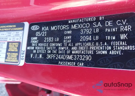 2021 Kia Forte Lxs from USA, damaged, VIN 3KPF24AD9ME373290